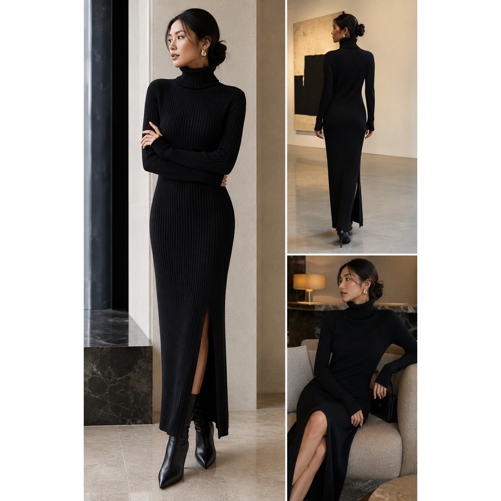 Womens XS Black Ribbed Maxi Sweater Dress Long Turtleneck Slit Long Sleeve